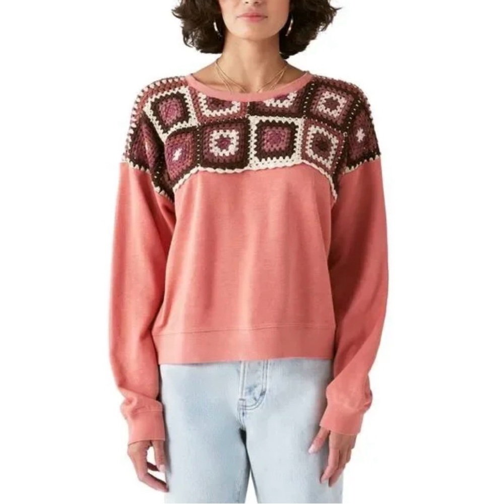 lucky Brand Crochet Yoke Pullover Sweater